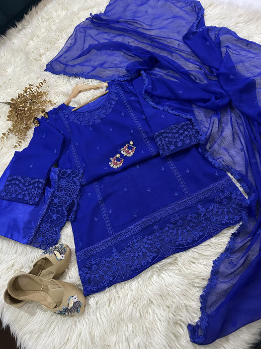 Chiffon Embroidered Shirt, Dupatta and  Silk Pants