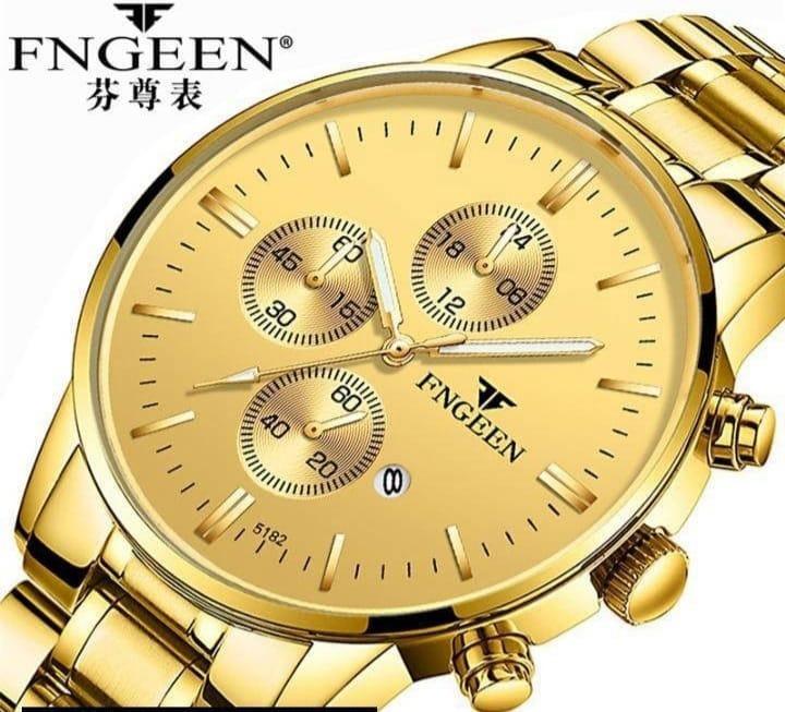 FNGEEN W5128 Ultra-Thin Gold Men's Quartz Watch – Stylish Steel Strap, Waterproof Chronograph, Perfect for Casual Elegance