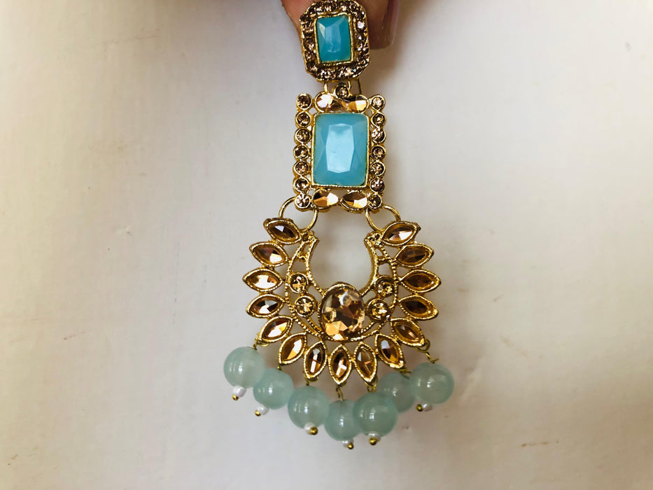 3 Pcs Set Light Blue Traditional Jhumka and Tikka.