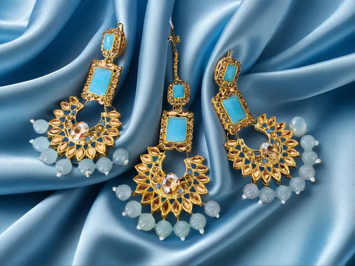 3 Pcs Set Light Blue Traditional Jhumka and Tikka.